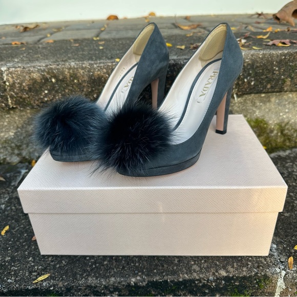 Prada Anthracite Suede Fur Pom Peep Toe Heels - Picture 4 of 7